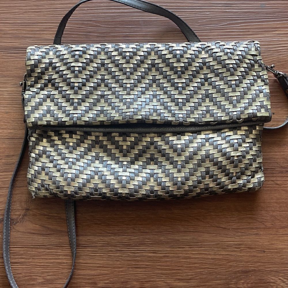 Eileen Fisher Taupe and Gold Woven Leather Convertible Purse